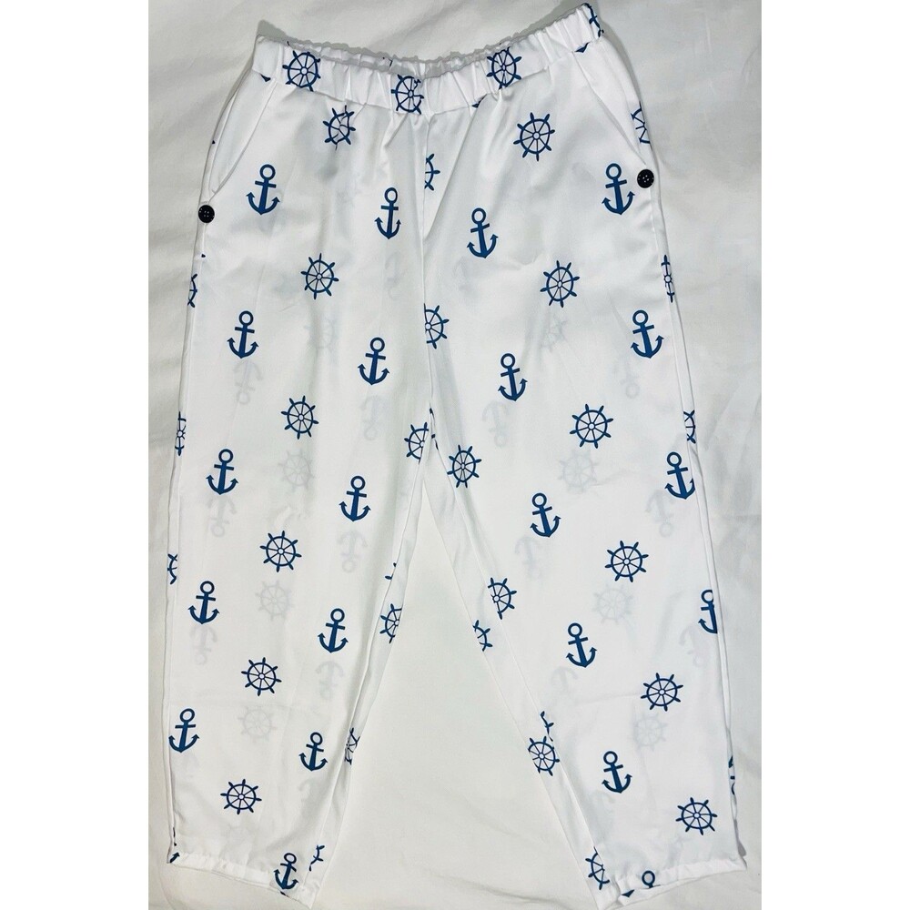 Nautical Pants White Blue Anchor Elastic Waist Pull On Lightweight Women’s 2X